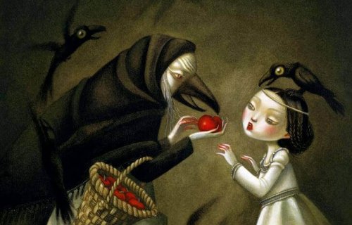 strega dal viso di corvo che dà una mela alla principessa