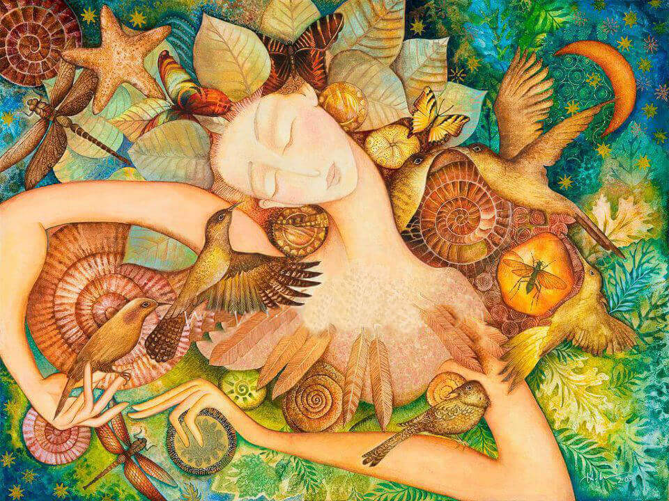 donna con volatili e fiori