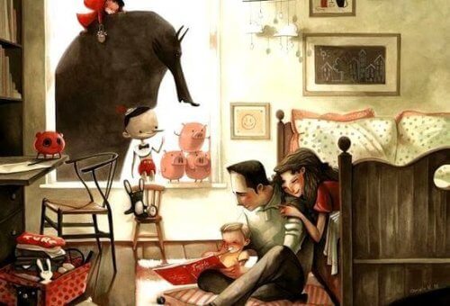 famiglia felice in casa che legge una storia