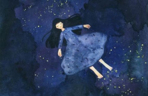 ragazza vestita di blu che vola