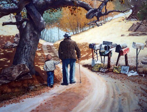 nonno con nipote che camminano