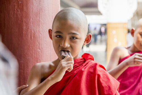 piccolo monaco mangia gelato al cioccolato