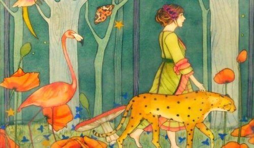 ragazza che cammina nella foresta con gheparddo e fenicottero