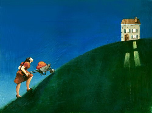 uomo che porta una pietra su una collina