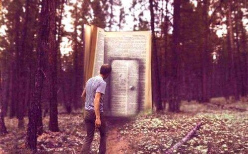 uomo davanti una porta a forma di libro gigante nel bosco