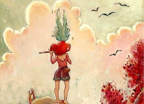 donna con pianta in testa che suona il flauto