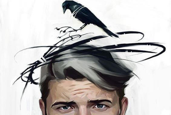 Uomo con uccelli sulla testa