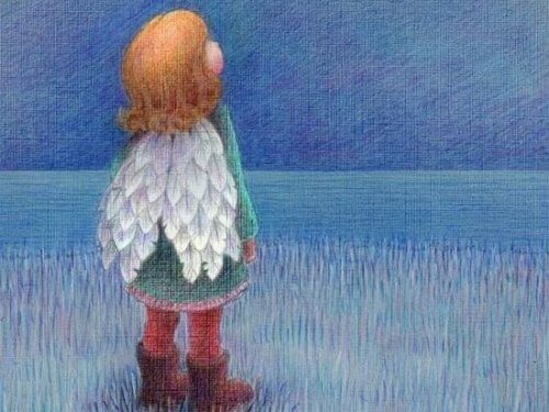 bambino con ali che guarda il cielo