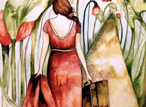 donna di spalle con valigie