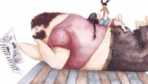 gigante e bambina sdraiata sulla sua schiena