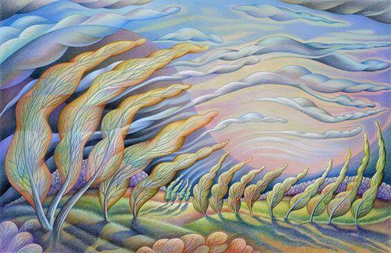 alberi che si piegano al vento