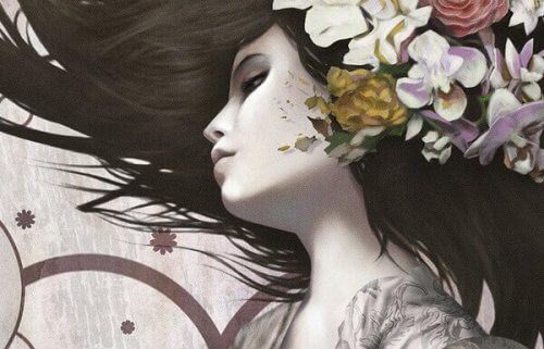 donna con fiori in testa