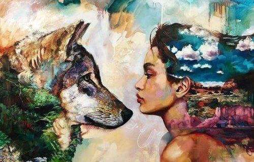 donna e lupo che si guardano