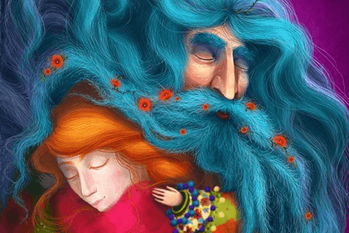 gigante dalla barba blu che abbraccia una bambina