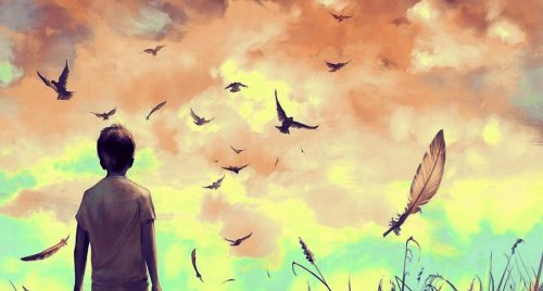 bambino che guarda uccelli in volo