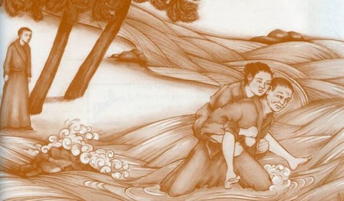 Monaco che attraversa un fiume portando sulle spalle una donna