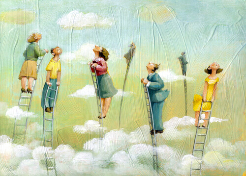 Persone su scale tra le nuvole