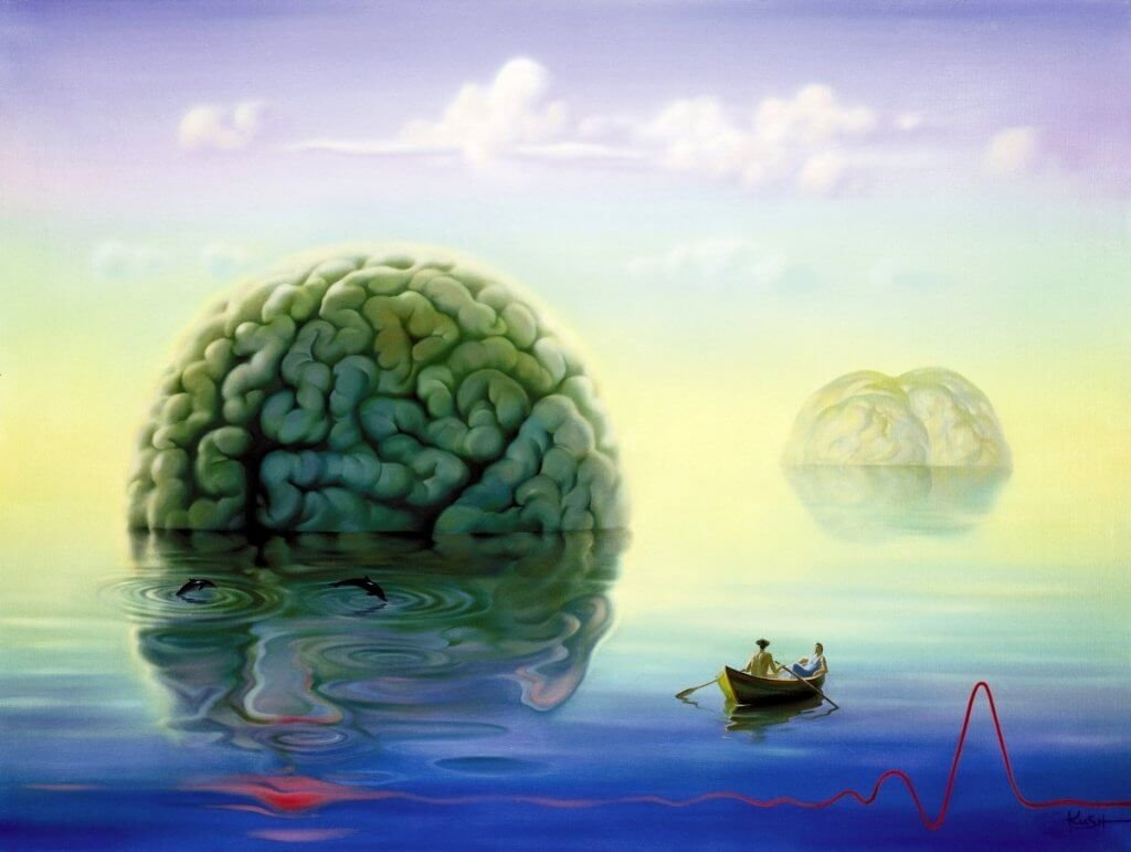 Cervello gigante nel mare vicino a una barca