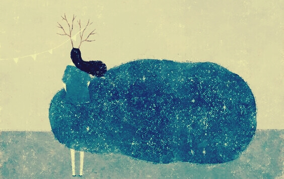 Donna con rami e cespuglio