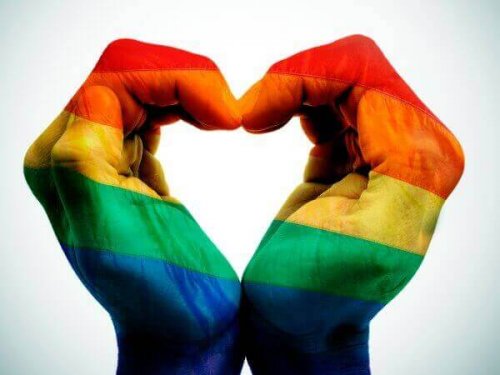 Mani che formano un cuore con bandiera gay
