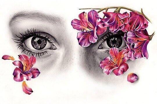 Occhi di ragazza con fiori