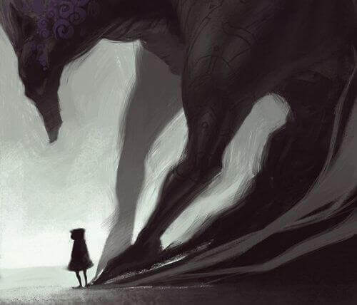 Persona con una grande ombra di lupo