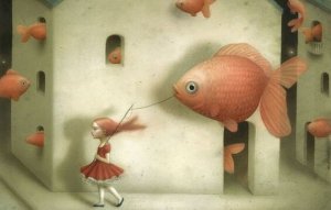 Bambina che porta a spasso un pesce perché vuole controllare gli altri