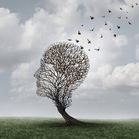 Albero a forma di testa umana e uccelli