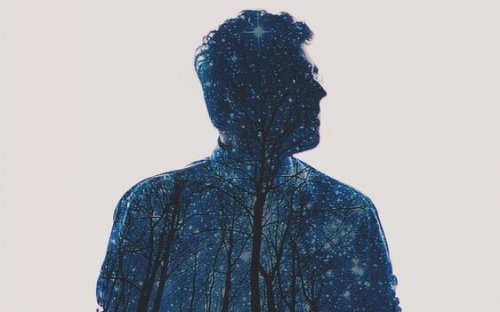 Sagoma di uomo con stelle e alberi