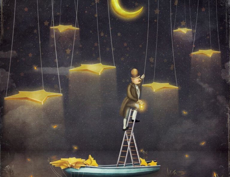 Uomo su una scala per appendere le stelle