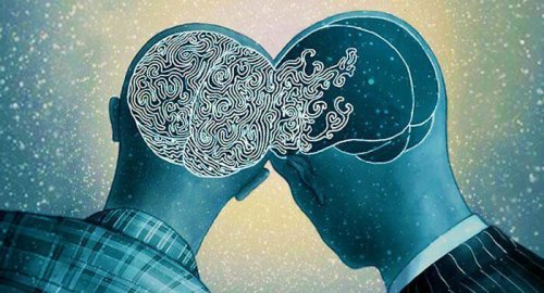 Due uomini con cervelli uniti a causa dell'eccesso di empatia