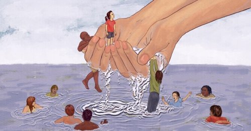 Mani che raccolgono persone dall'acqua, come simbolo dell'eccesso di empatia