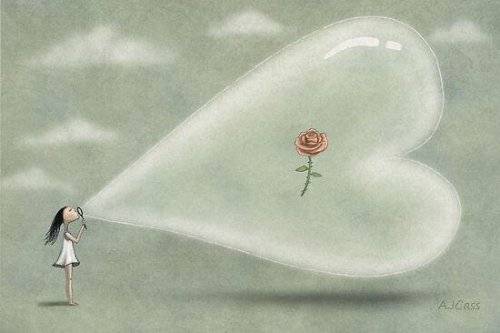 Bambina con bolla a forma di cuore con dentro un fiore