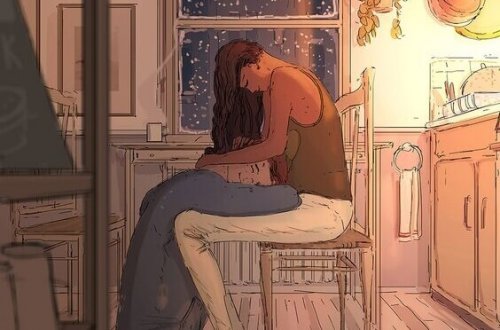 Uomo appoggiato sul grembo della compagna