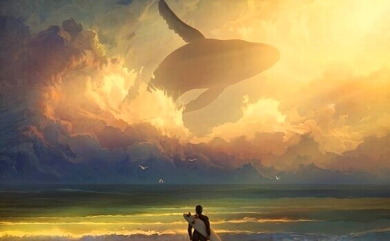 Surfista e balena nel cielo