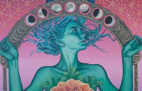 Donna sotto un arco di lune, rappresentazione delle frasi del buddismo per la pace interiore