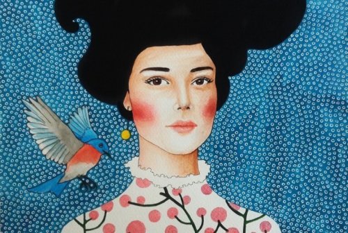 Donna con uccello sulla spalla