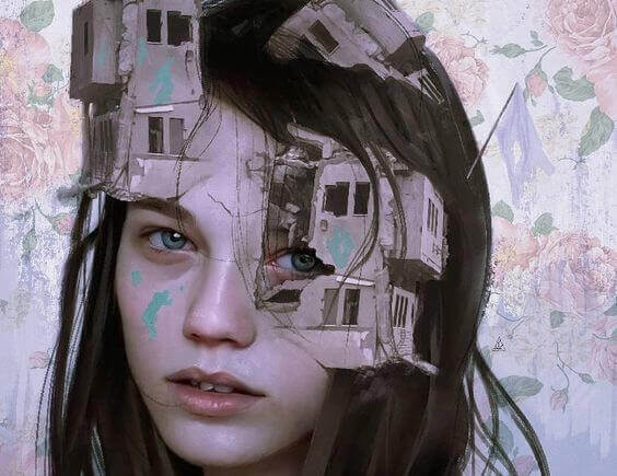 Ragazza con casa distrutta in faccia