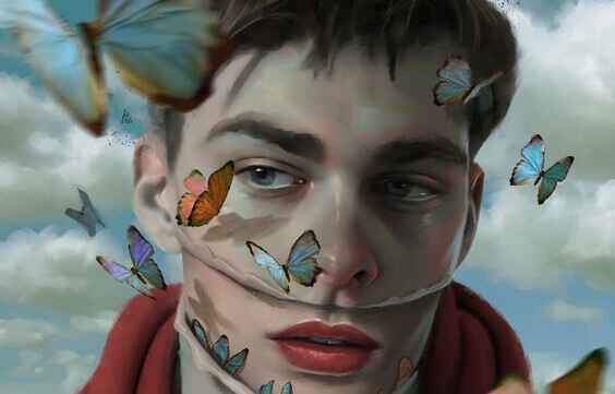 Uomo attorniato da farfalle che deve aumentare l'autostima