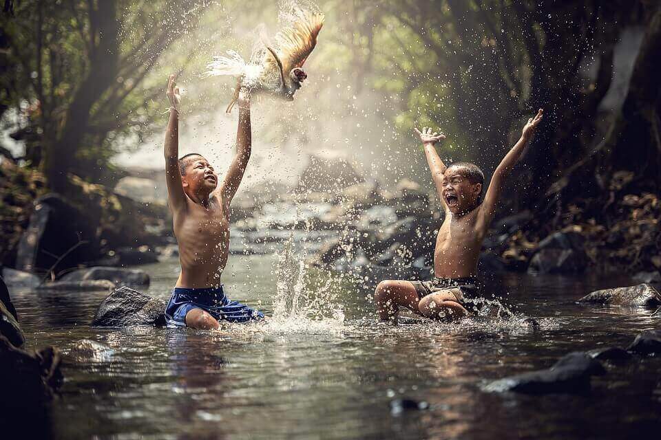 Bambini giocano nella foresta