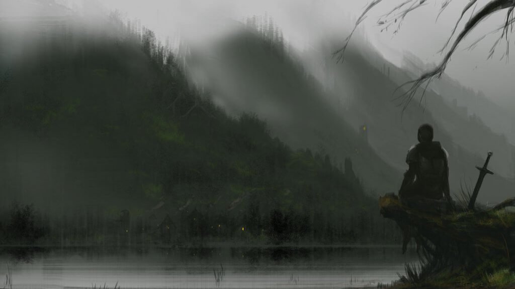 Cavaliere davanti a un lago