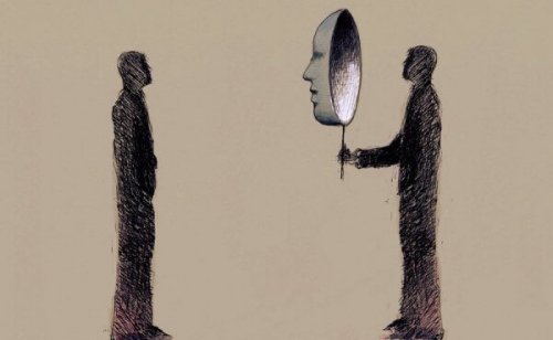 Due uomini di cui uno ha una maschera perché è un bugiardo