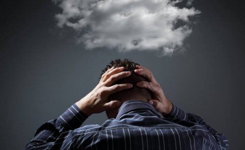 Uomo con una nuvola sulla testa che rappresenta la dipendenza da sostanze