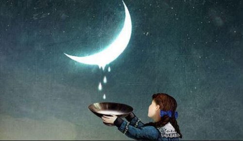 Bambina che raccoglie gocce dalla luna