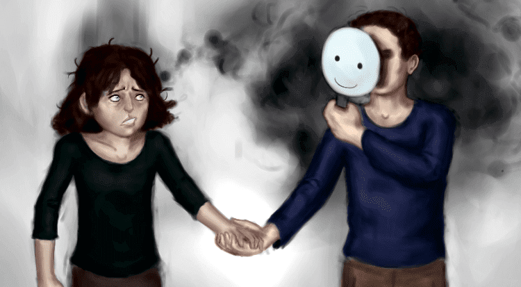 Coppia per la mano con fidanzato che indossa una maschera