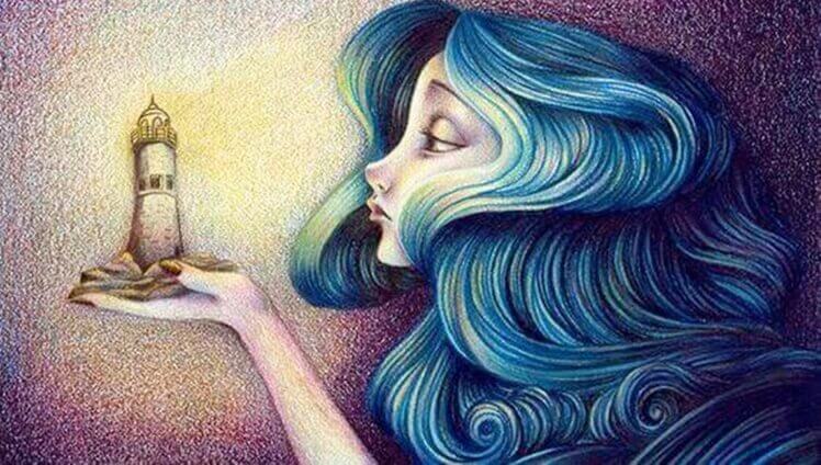 Disegno ritraente donna che guarda un faro