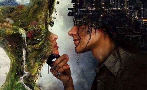 Coppia con la natura e una città sulla testa