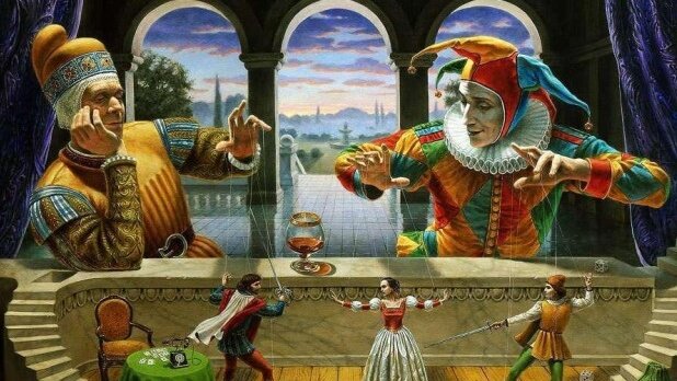 Giullare che muove marionette