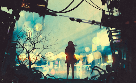 Donna di spalle in mezzo alla strada