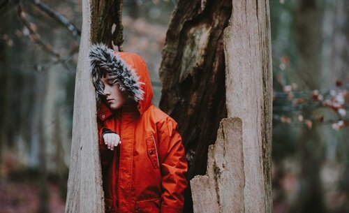 Bambino in foresta con giacchetto rosso
